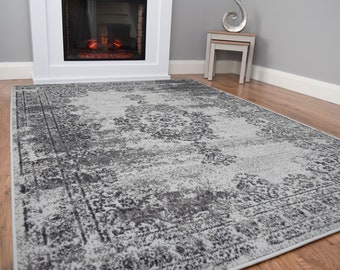 Large Small Living Room Rug Grey Distressed Fade Design