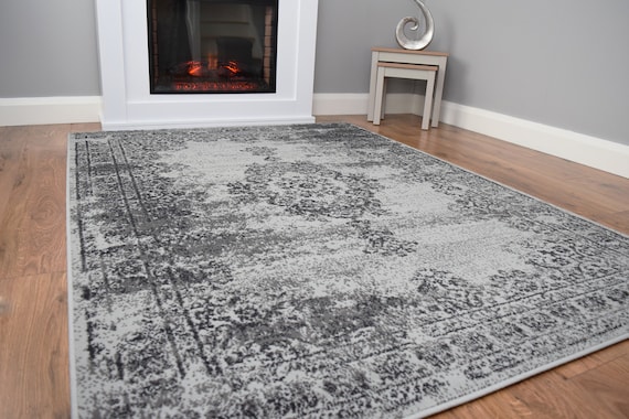 Large Small Living Room Rug Grey Distressed Fade Design