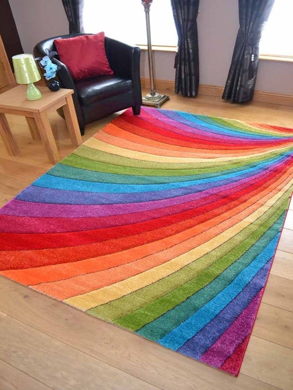 Living Room Rugs Mat Bright Multi Rainbow Design | Etsy UK