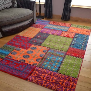 Living Room Rugs Mat Bright Multi Rainbow Patchwork Design