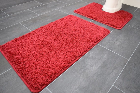 Red Bath Room Pedestal & Mat Set Non Slip Washable Rug