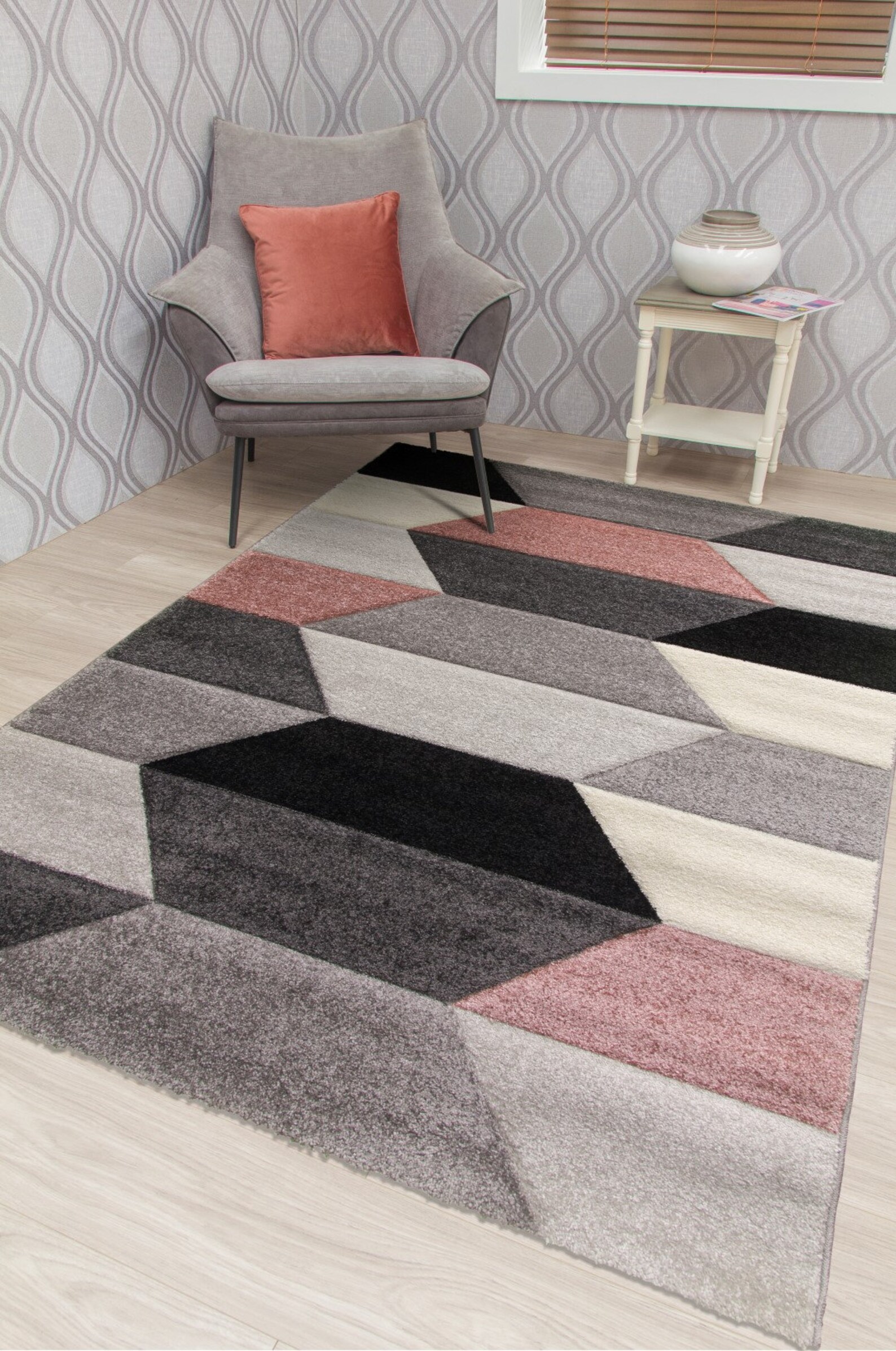 Living Room Rugs Mat Blush Pink Grey Hexagon Design Etsy
