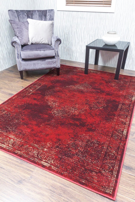 Burgundy Rug Classic Vintage Design Traditional Faded Distressed Ruby Red 