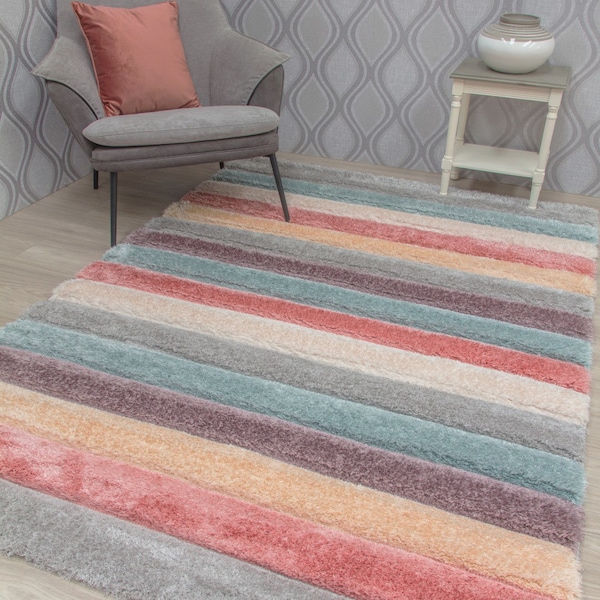 Large Living Room Rug Mat Pastel Pink Blue Stripe Design