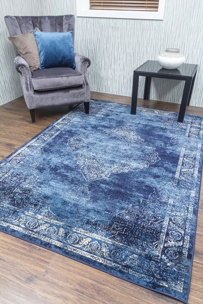 Vintage Classic Blue Persian Fade Distressed Rugs Mat Etsy