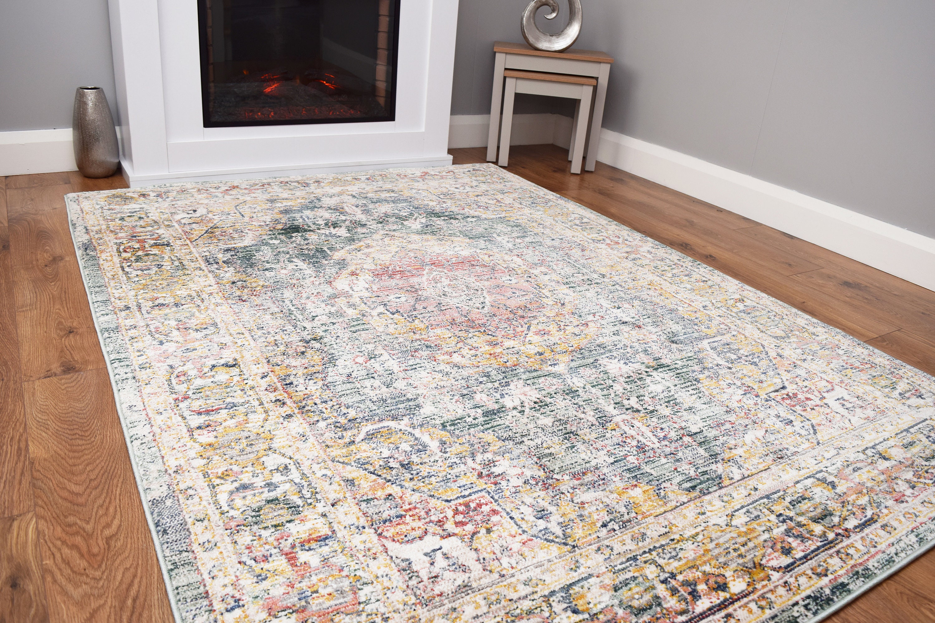 Distressed Living Room Rug Green Fade Medallion Design Etsy UK