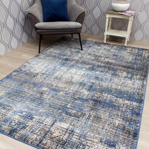 Stylish Star Motif Design Rug Blue Grey Short Pile Mat Large Living Room Carpet 