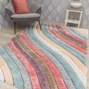 Large Living Room Rug Mat Pastel Pink Blue Curve Stripe Design