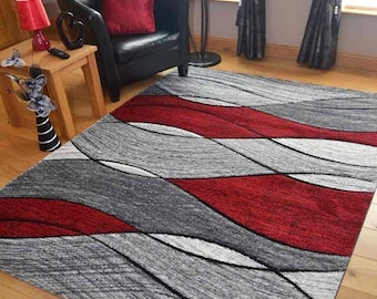 Living Room Rugs Mat Grey Red Wave Design