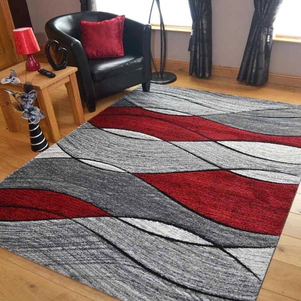 Living Room Rugs Mat Grey Red Wave Design