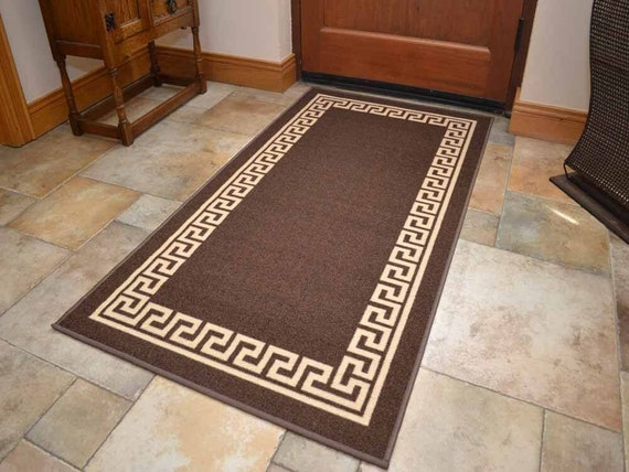 Greek Key Rug Kitchen Mat Brown Beige Non Slip Hallway Runner 