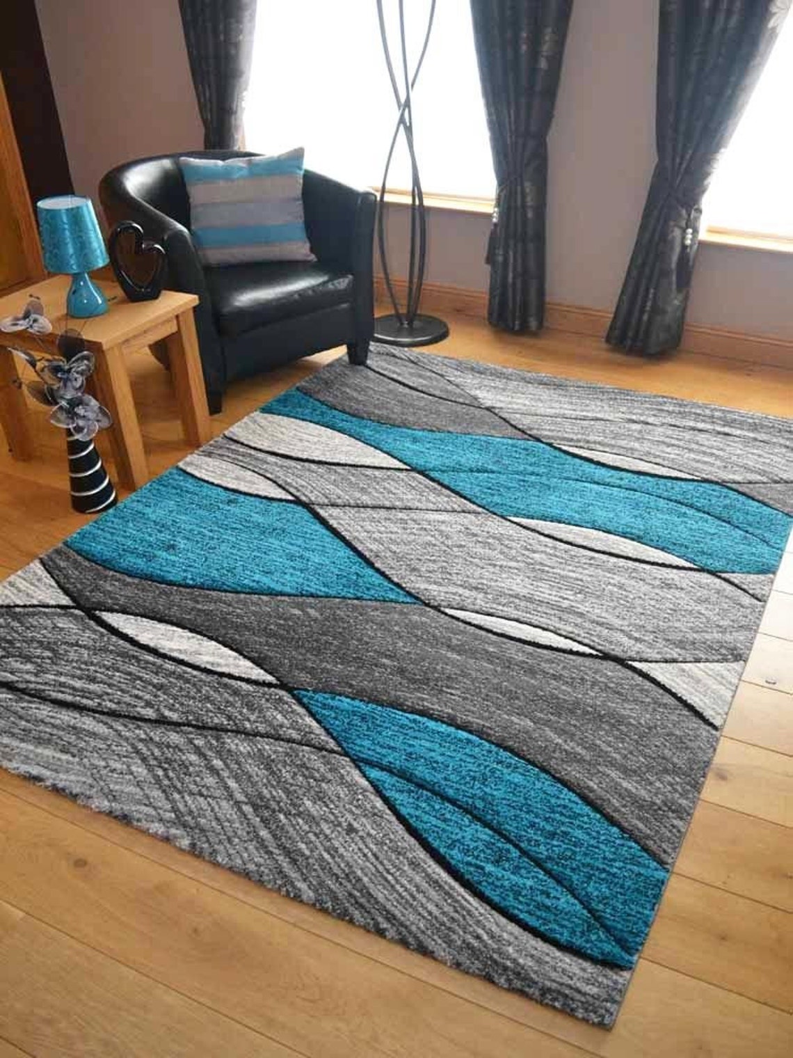 Living Room Rugs Mat Grey Teal Blue Wave Design Etsy UK