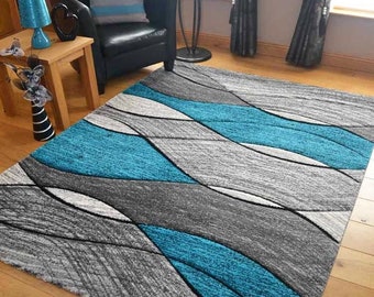 Living Room Rugs Mat Grey Teal Blue Wave Design