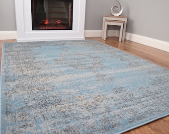 Large Small Living Room Rug Sky Blue Distressed Fade Design