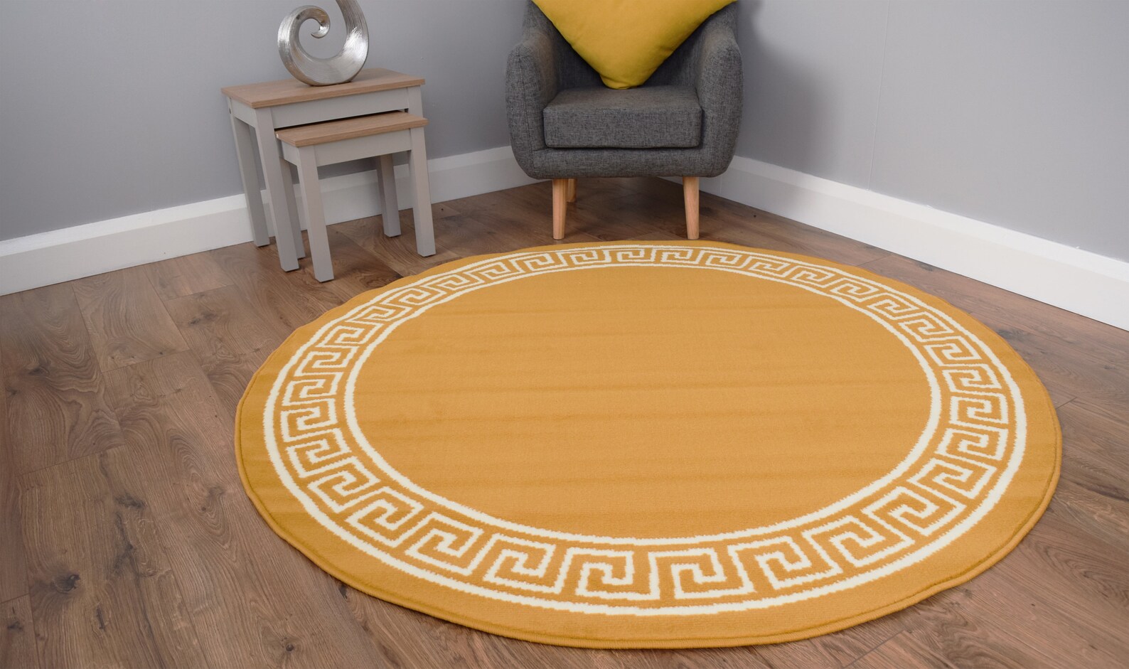 Round Circle Rugs Mats Gold Ochre Greek Key Design Etsy UK
