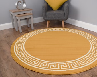 Round Circle Rugs Mats Gold Ochre Greek Key Design