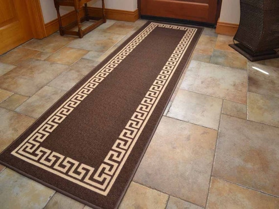 Greek Key Rug Kitchen Mat Brown Beige Non Slip Hallway Runner 