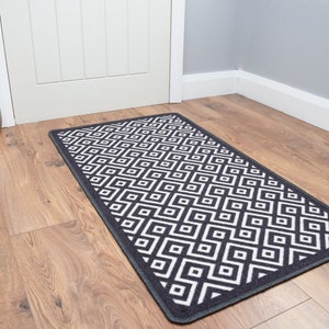 Riviera Grey Diamond Design Rug Hallway Runner Door Mat Living Room Kitchen Non Slip Washable