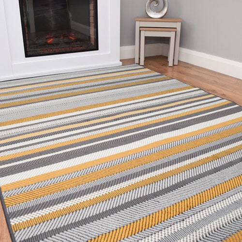 Grey Mustard Ochre Stripe Long Hallway Runner Stair Rug Etsy UK