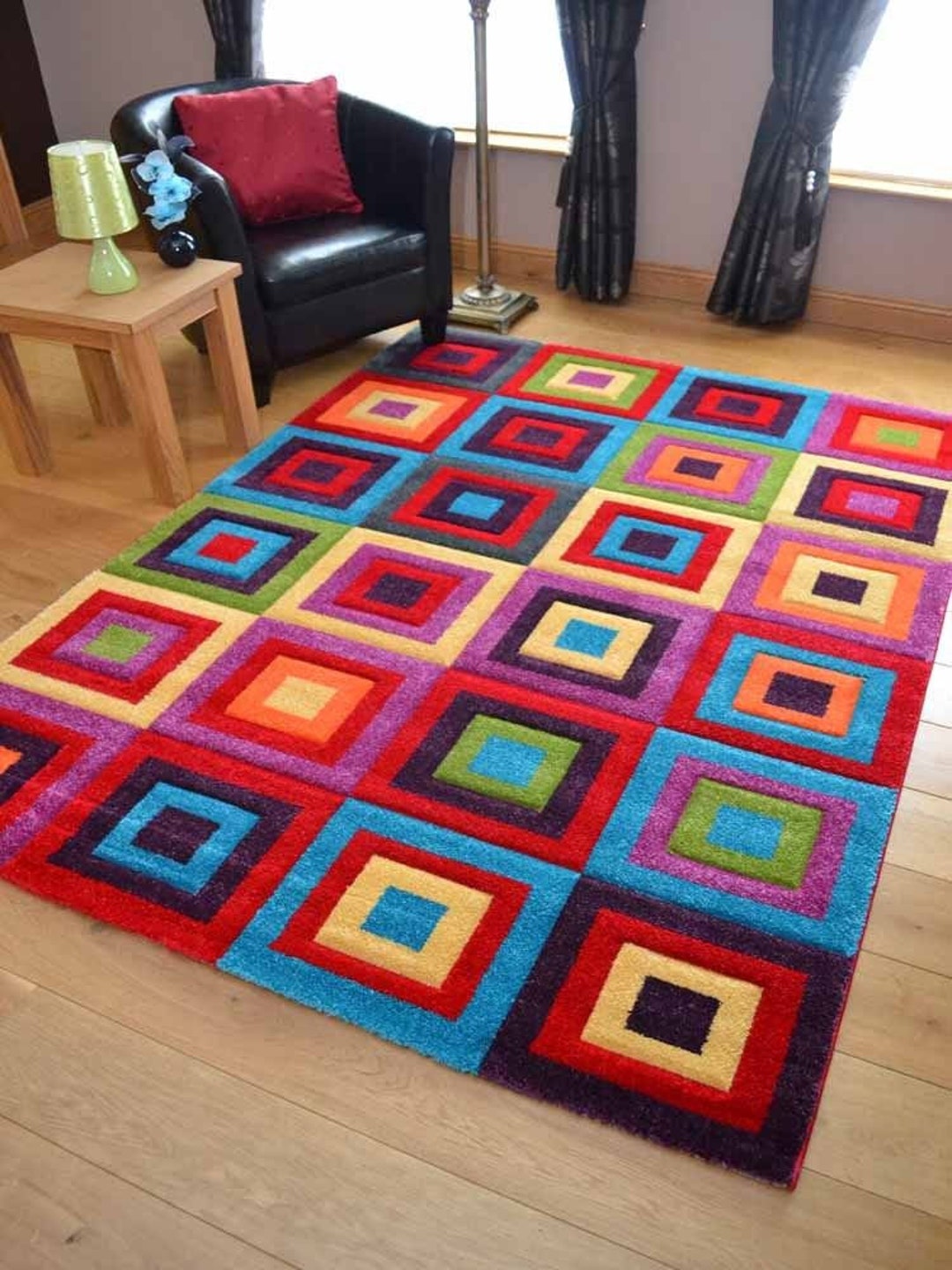 Living Room Rugs Mat Bright Multi Rainbow Square Design Etsy UK