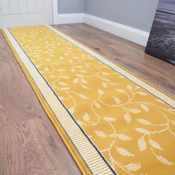 Mustard Gold Leaf Design Hallway Runner Rug & Mat