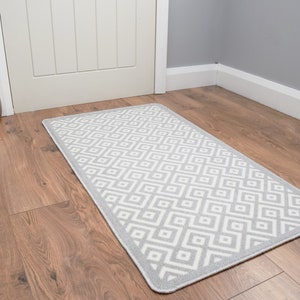 Riviera Silver Grey Diamond Design Rug Hallway Runner Door Mat Living Room Kitchen Non Slip Washable