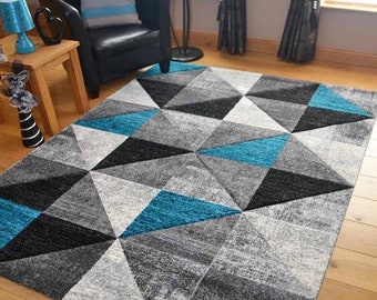 Teal Blue Grey Modern Rugs for Living Room Giant Block Pattern Hand Carved Rugs 
