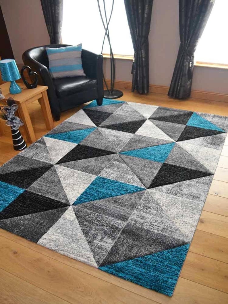 Living Room Rugs Mat Grey Teal Blue Triangle Design Etsy