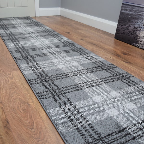 Very Long Hallway Stairs Runners Grey Tartan Pattern Entrance Rug Mats