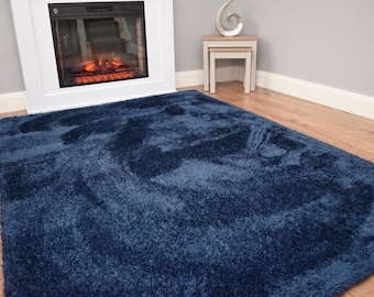 Soft Navy Blue Shaggy High Pile Rug For Living Room Mat