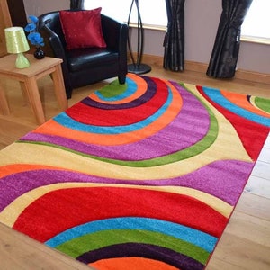 Living Room Rugs Mat Bright Multi Rainbow Swirls Design