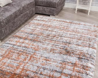 New Shaggy Faded Living Room Rug Terracotta Rust Grey High Pile Floor Mat UK