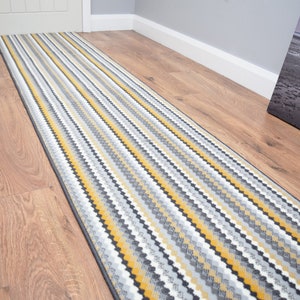 Grey Mustard Ochre Stripe Long Hallway Runner Stair Rug