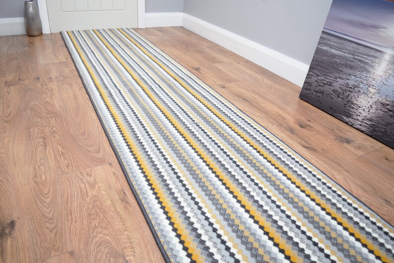 Grey Mustard Ochre Stripe Long Hallway Runner Stair Rug Etsy UK