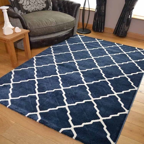Large Living Room Blue Rug Trellis Design Etsy UK