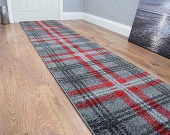 Very Long Hallway Stairs Runners Grey Red Tartan Pattern Entrance Rug Mats