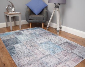 New Living Room Rug Large Pastel Faded Patchwork Washable & Foldable Non Slip Printed Mat