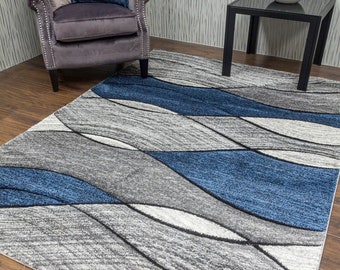 Living Room Rugs Mat Grey Blue Navy Wave Design