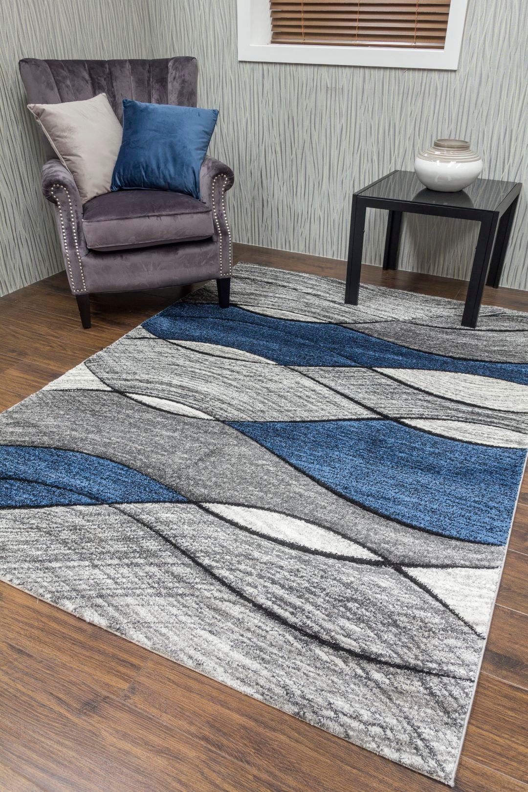 Living Room Rugs Mat Grey Blue Navy Wave Design Etsy UK