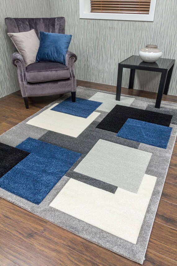 Living Room Rugs Mat Blue Navy Square Design Etsy UK
