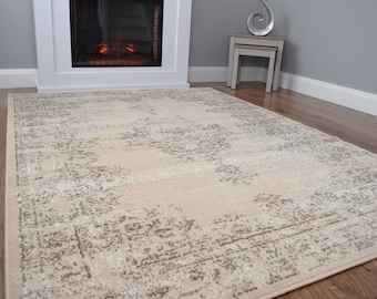 Large Small Living Room Rug Ivory Beige Distressed Fade Design