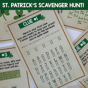 May include: A St. Patrick's Day scavenger hunt game with a green shamrock design. The game includes a clue card with a braille-like pattern to solve a word puzzle. The text on the card reads "Here is your first clue. Are you ready to find your prize? I know you can do this because you're quite wise! Match the patterns to solve the word."