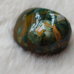 May include: A smooth, polished green, brown, and orange jasper stone with a unique pattern. The stone is oval shaped and has a glossy finish.