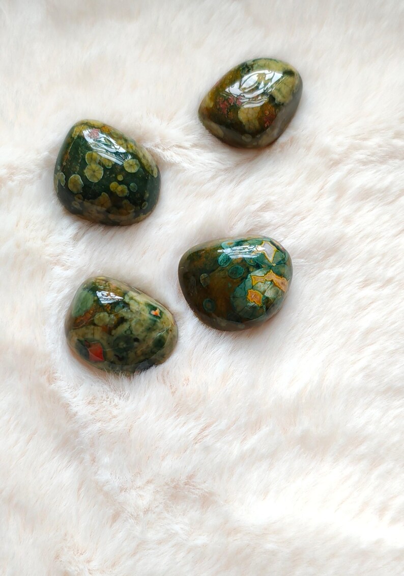 May include: Four green, brown, and white ocean jasper stones on a white fuzzy surface.