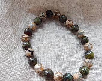 Tibetan Agate + Dragon's Blood Jasper - 8mm Bracelet - Crystal Healing - Natural Stones - Tranquility - Relaxation - Perspective - Strength