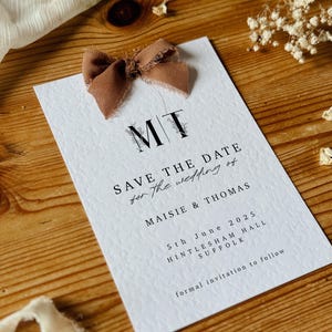 Personalised Chiffon Ribbon Save the Date, Textured Hammered Wedding Invites, Minimalist Announcement Stationery