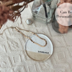 Personalised Trinket Dish Gift Handmade Clay Jewellery Tray (Personalised Keepsake, Gift Idea, Ring Dish, Beige, Trinket Tray)