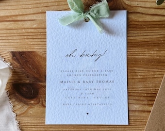 Personalised Baby Shower Invites, Baby Shower Ribbon Invitations, Rustic Hello Baby Stationary, Gender Neutral, Printed, Gender Reveal Party