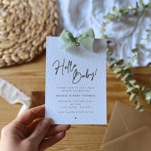 Invitaciones personalizadas para baby shower, invitaciones con cinta, papelería rústica de Hello Baby, género neutro, impresas, fiesta de revelación de género