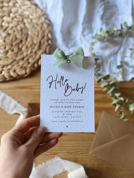 Personalised Baby Shower Invites, Baby Shower Ribbon Invitations, Rustic Hello Baby Stationary, Gender Neutral, Printed, Gender Reveal Party